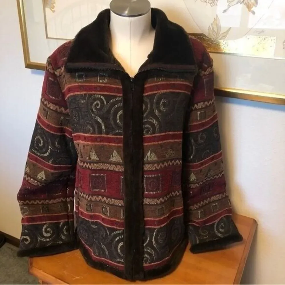 Tally Ho Outerwear‎ Women's Medium Faux Fur Sherpa Lined Tapestry Knit Jacket